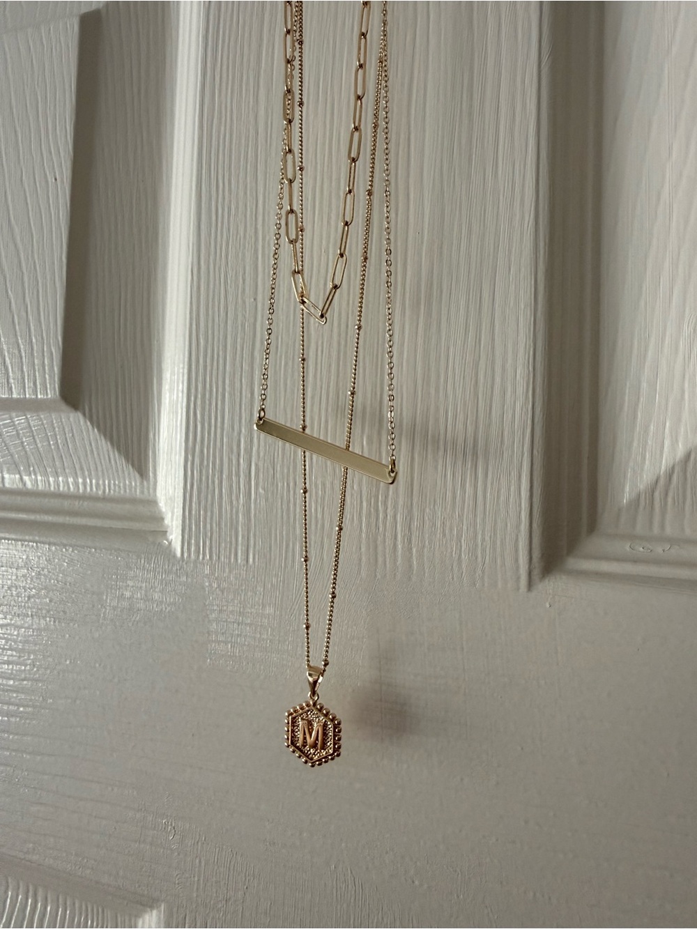 Gold Layered Chain, Bar, and Initial Pendant Necklace Set (M)